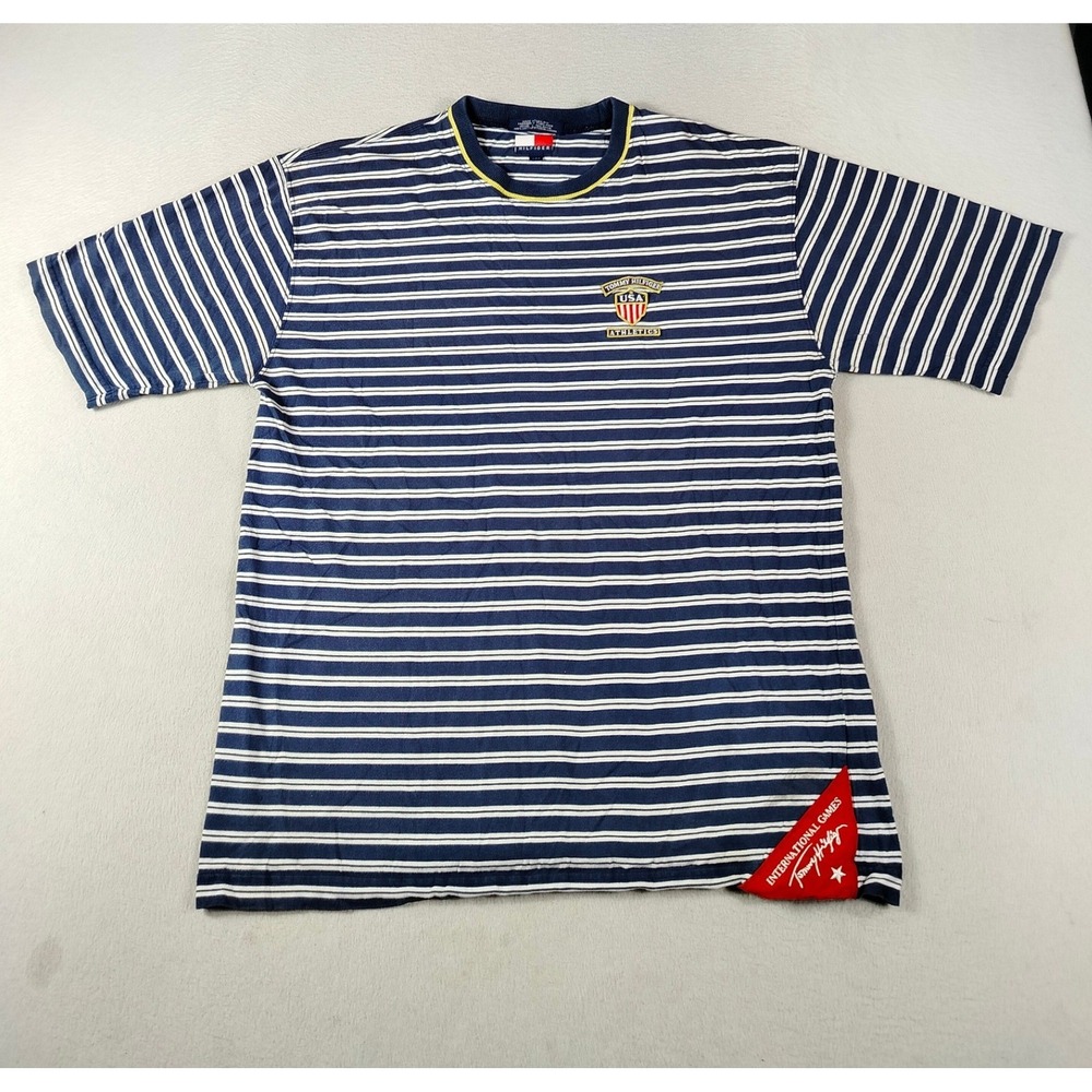 Vintage Tommy Hilfiger Athletics Shirt Mens Large Blue Striped 90s Preppy Casual